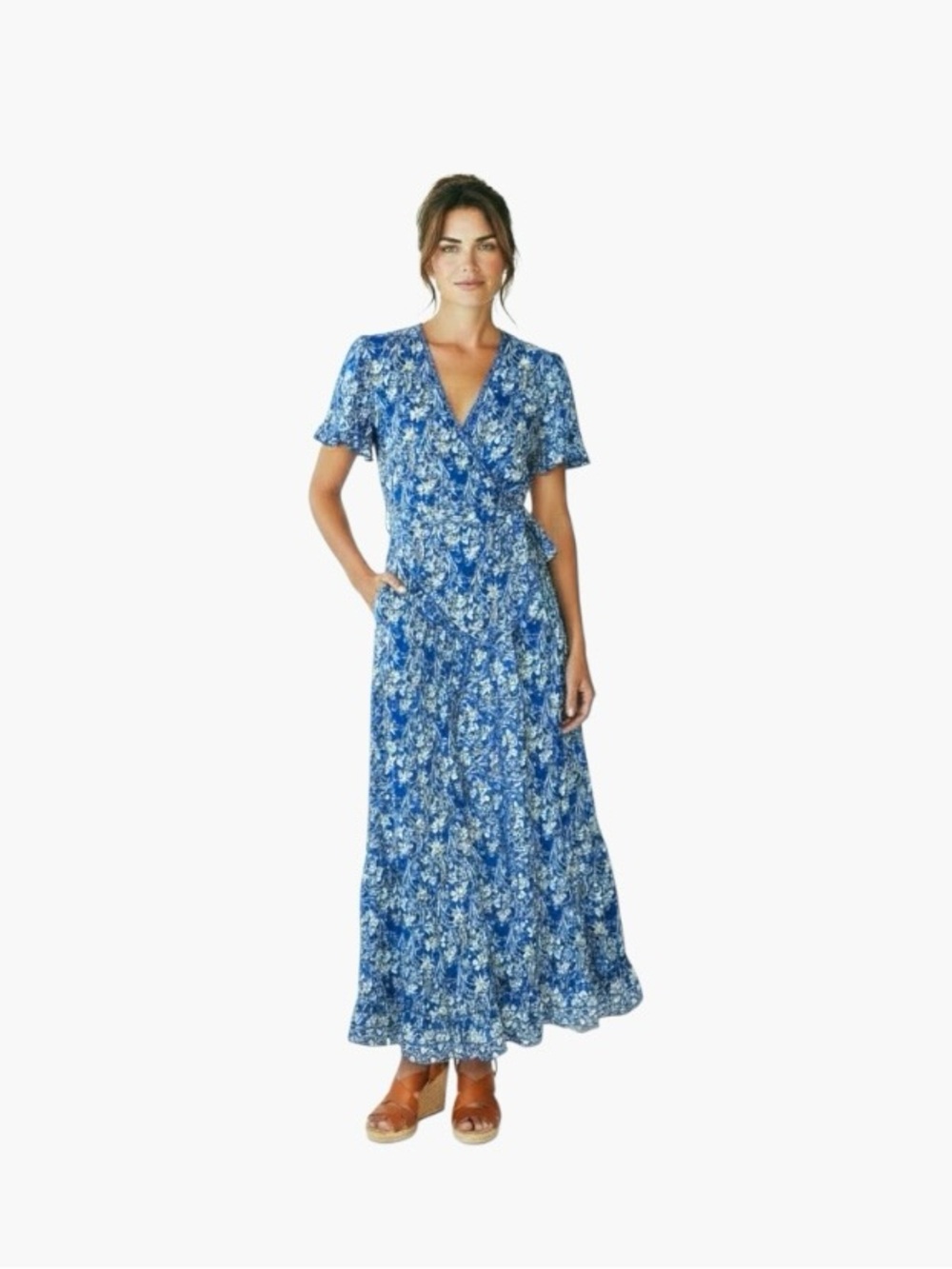 Blue Crepe Floral Maxi Dress Short Sleeves Wrap Belted L Feminine Boho Cottage